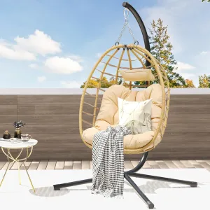DWVO Egg Hanging Swing Chair with Stand Egg Chair Wicker Indoor Outdoor Hammock Egg Chair with Cushions 330lbs for Patio, Bedroom, Garden and Balcony, Beige