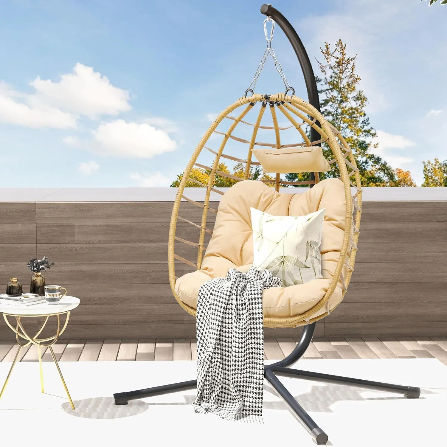 DWVO Egg Hanging Swing Chair with Stand Egg Chair Wicker Indoor Outdoor Hammock Egg Chair with Cushions 330lbs for Patio, Bedroom, Garden and Balcony, Beige