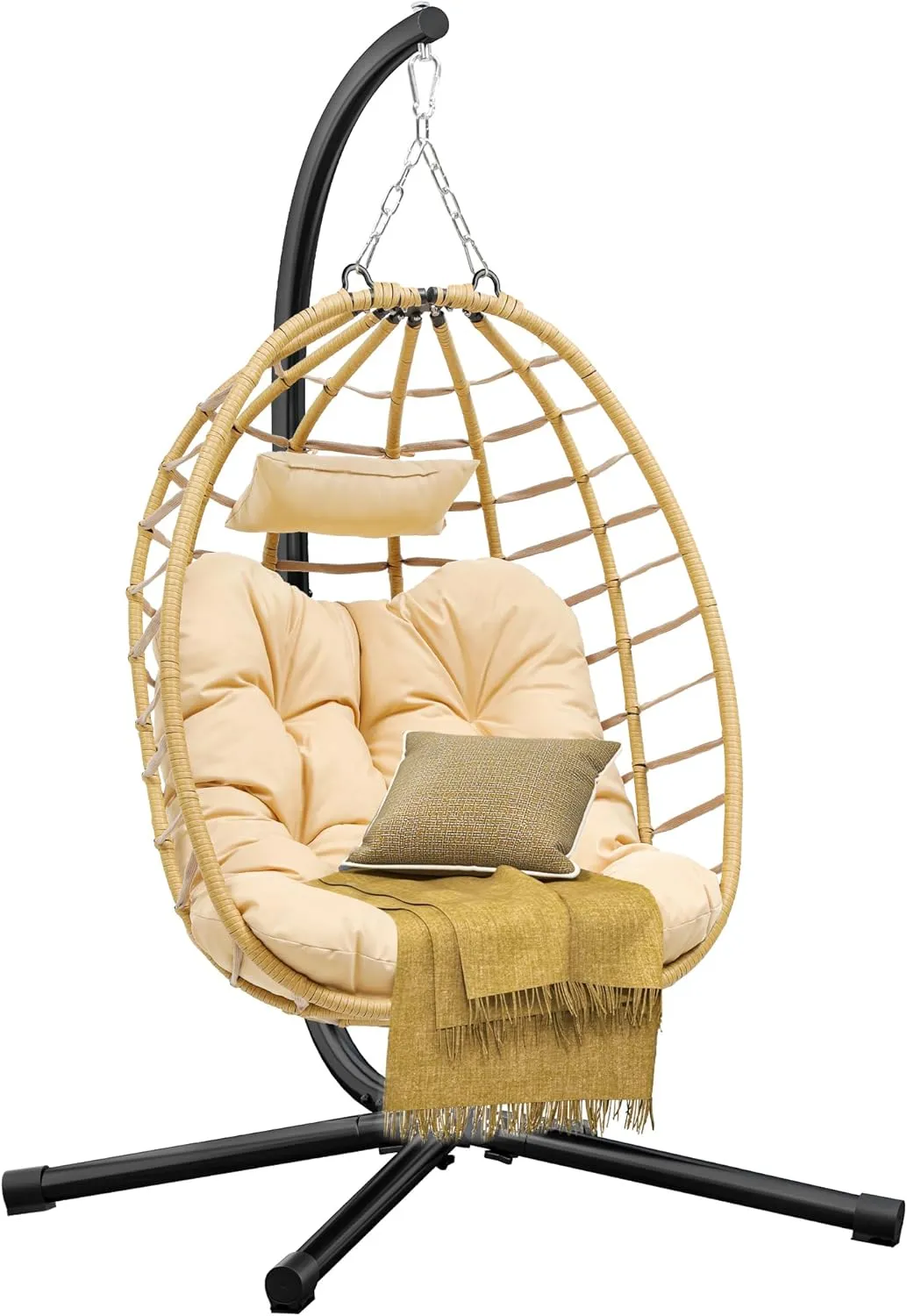 DWVO Egg Hanging Swing Chair with Stand Egg Chair Wicker Indoor Outdoor Hammock Egg Chair with Cushions 330lbs for Patio, Bedroom, Garden and Balcony, Beige