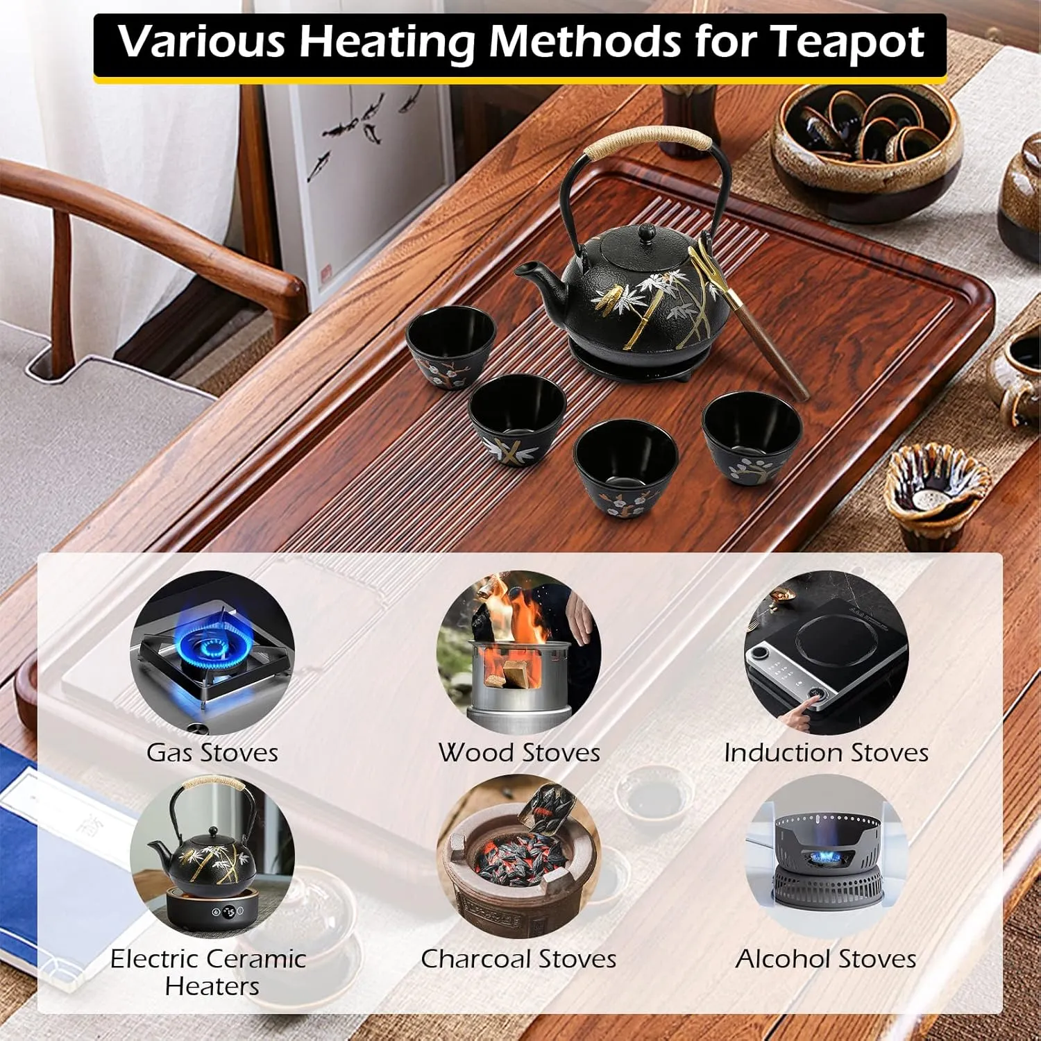 Dyna-Living Cast Iron Teapot Japanese Tea Kettle Set 1200ml/40.6oz Japanese Iron Tea Kettle with Infuser Cast Iron Tea Pot Set with 4 Tea Cups Japanese Style Teapot Cast Iron Tea Kettle for Home Use