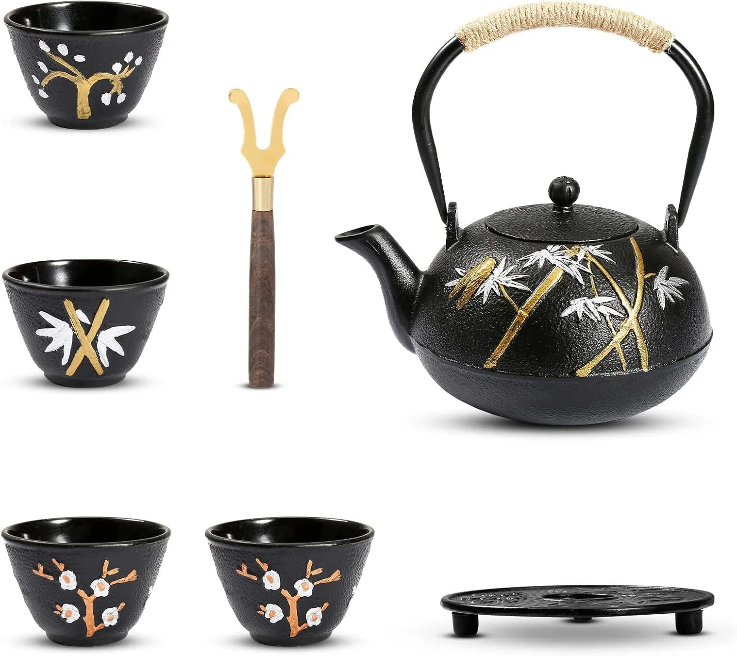 Dyna-Living Cast Iron Teapot Japanese Tea Kettle Set 1200ml/40.6oz Japanese Iron Tea Kettle with Infuser Cast Iron Tea Pot Set with 4 Tea Cups Japanese Style Teapot Cast Iron Tea Kettle for Home Use