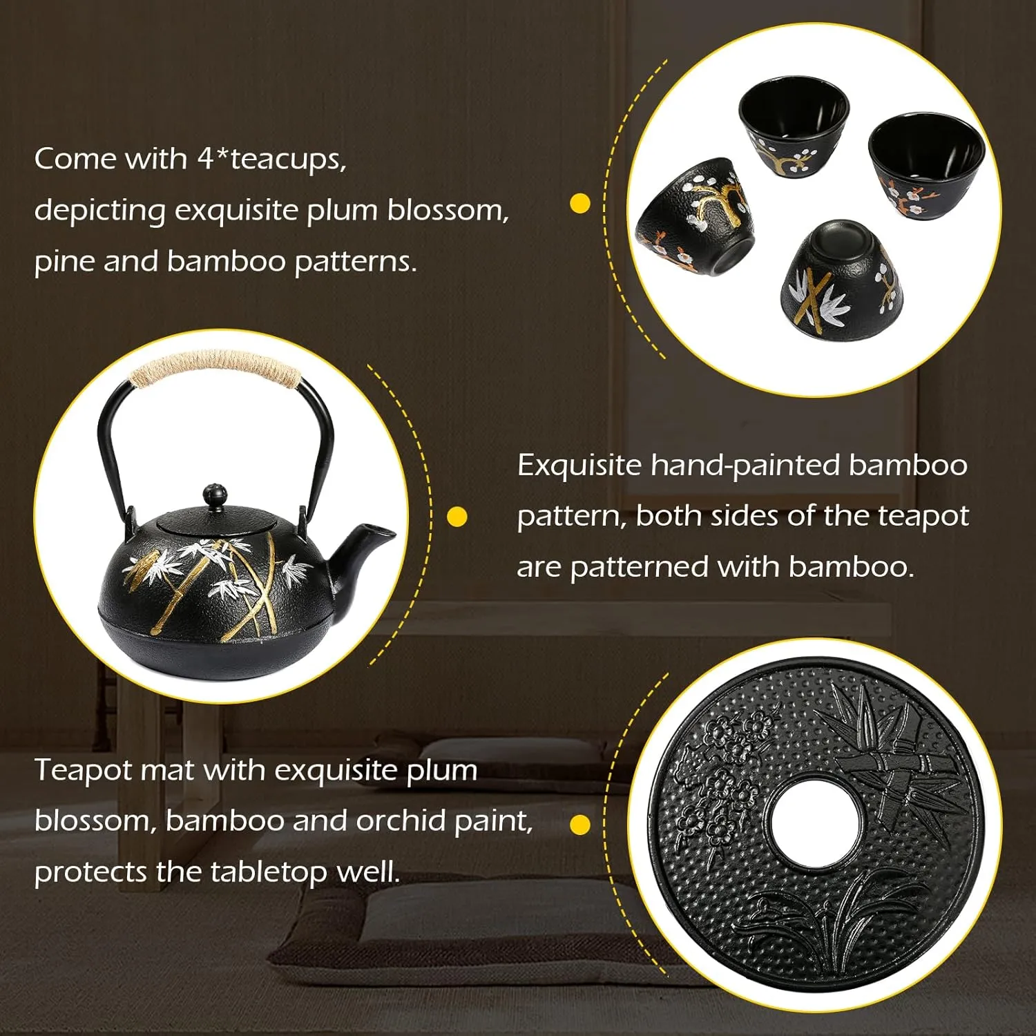 Dyna-Living Cast Iron Teapot Japanese Tea Kettle Set 1200ml/40.6oz Japanese Iron Tea Kettle with Infuser Cast Iron Tea Pot Set with 4 Tea Cups Japanese Style Teapot Cast Iron Tea Kettle for Home Use