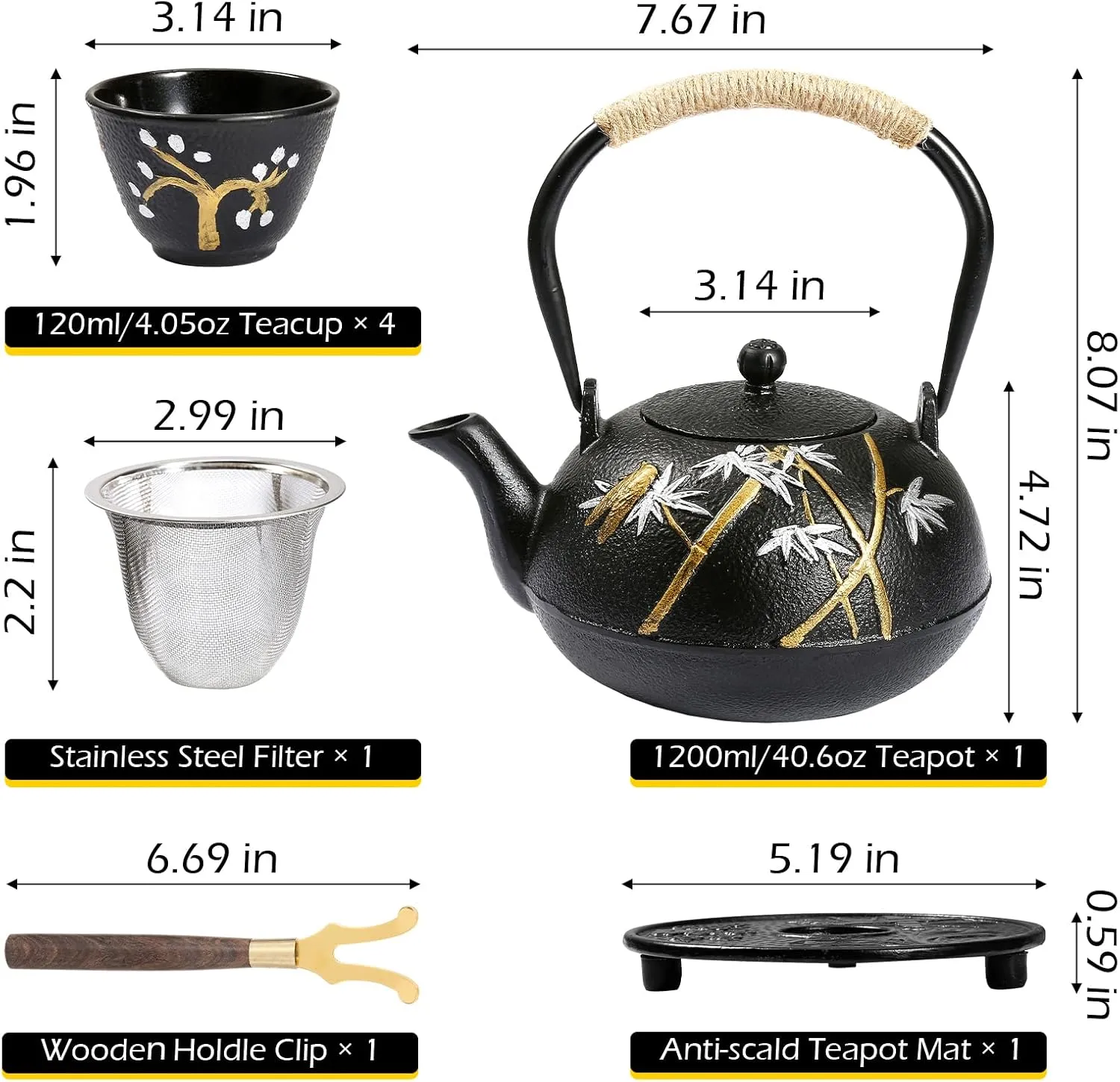 Dyna-Living Cast Iron Teapot Japanese Tea Kettle Set 1200ml/40.6oz Japanese Iron Tea Kettle with Infuser Cast Iron Tea Pot Set with 4 Tea Cups Japanese Style Teapot Cast Iron Tea Kettle for Home Use