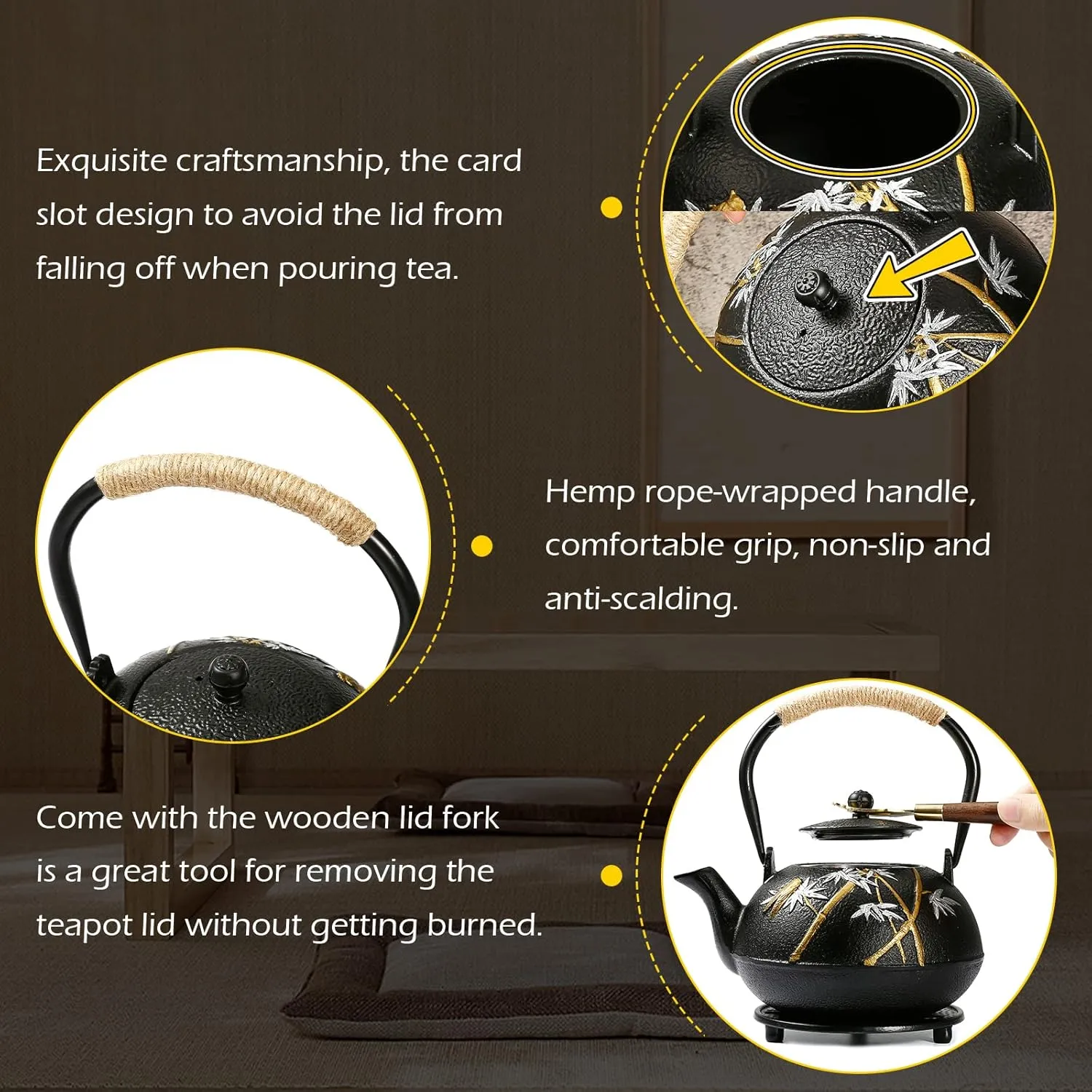 Dyna-Living Cast Iron Teapot Japanese Tea Kettle Set 1200ml/40.6oz Japanese Iron Tea Kettle with Infuser Cast Iron Tea Pot Set with 4 Tea Cups Japanese Style Teapot Cast Iron Tea Kettle for Home Use