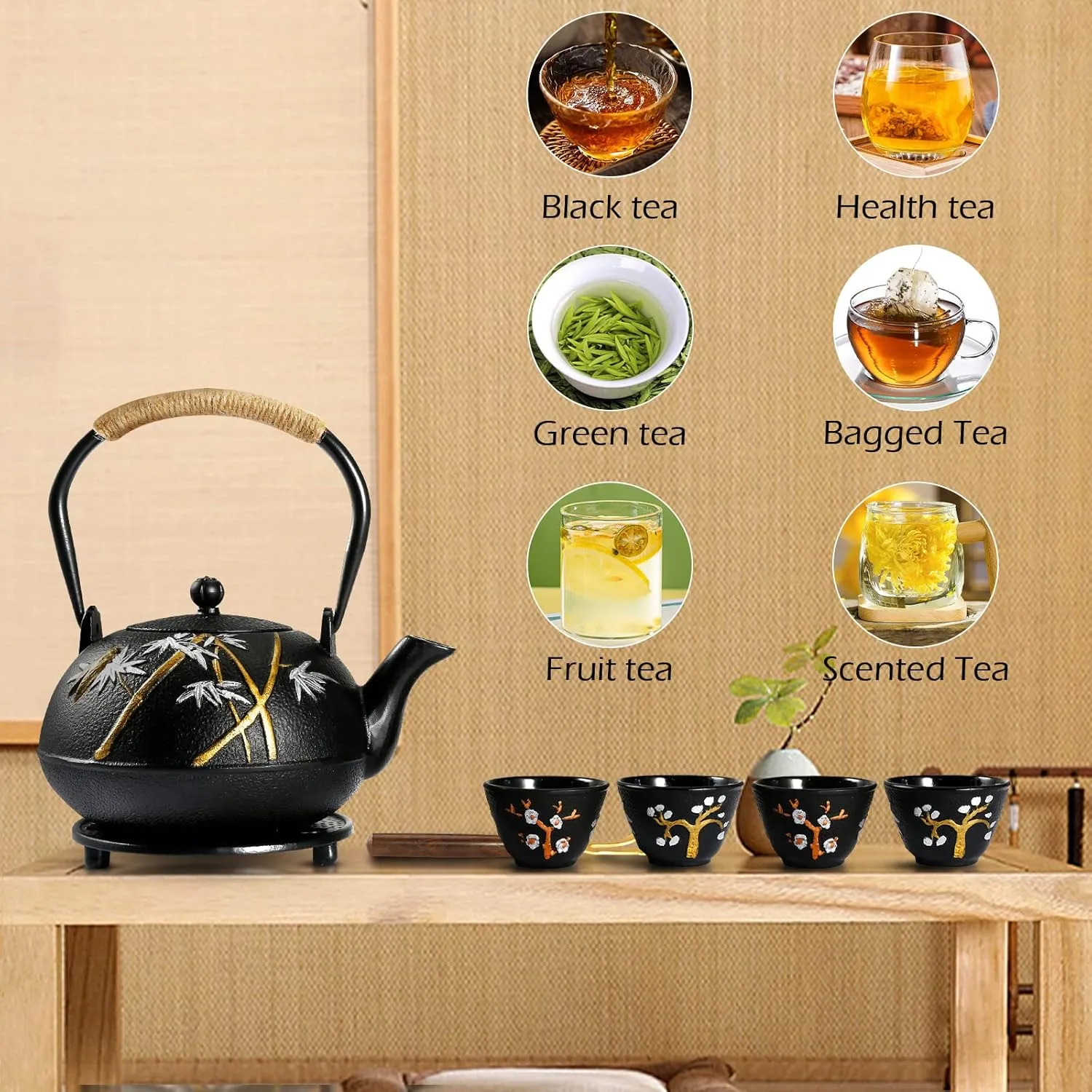 Dyna-Living Cast Iron Teapot Japanese Tea Kettle Set 1200ml/40.6oz Japanese Iron Tea Kettle with Infuser Cast Iron Tea Pot Set with 4 Tea Cups Japanese Style Teapot Cast Iron Tea Kettle for Home Use