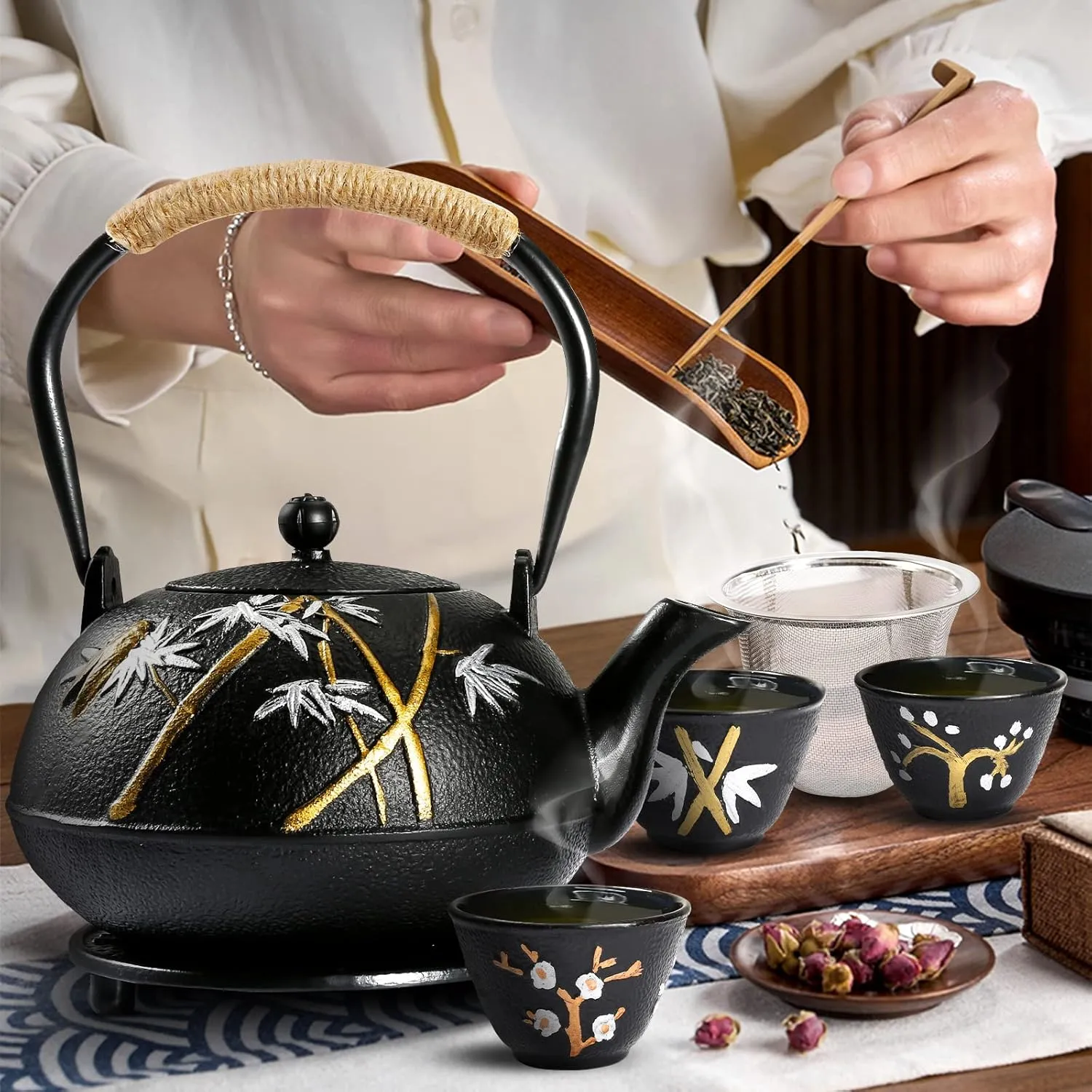 Dyna-Living Cast Iron Teapot Japanese Tea Kettle Set 1200ml/40.6oz Japanese Iron Tea Kettle with Infuser Cast Iron Tea Pot Set with 4 Tea Cups Japanese Style Teapot Cast Iron Tea Kettle for Home Use