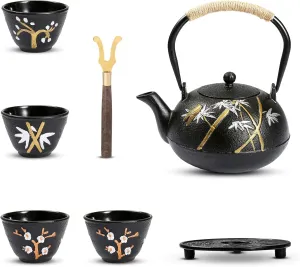 Dyna-Living Cast Iron Teapot Japanese Tea Kettle Set 1200ml/40.6oz Japanese Iron Tea Kettle with Infuser Cast Iron Tea Pot Set with 4 Tea Cups Japanese Style Teapot Cast Iron Tea Kettle for Home Use