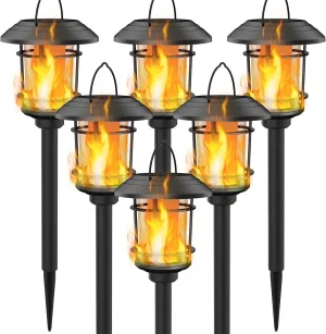 Dynaming 6 Pack Solar Flame Torch Lights Outdoor, Dual Use Flickering Flame Garden Light, Hanging Lantern Lights, Auto On/Off & Waterproof Landscape Lighting for Lawn Patio Yard Walkway Driveway