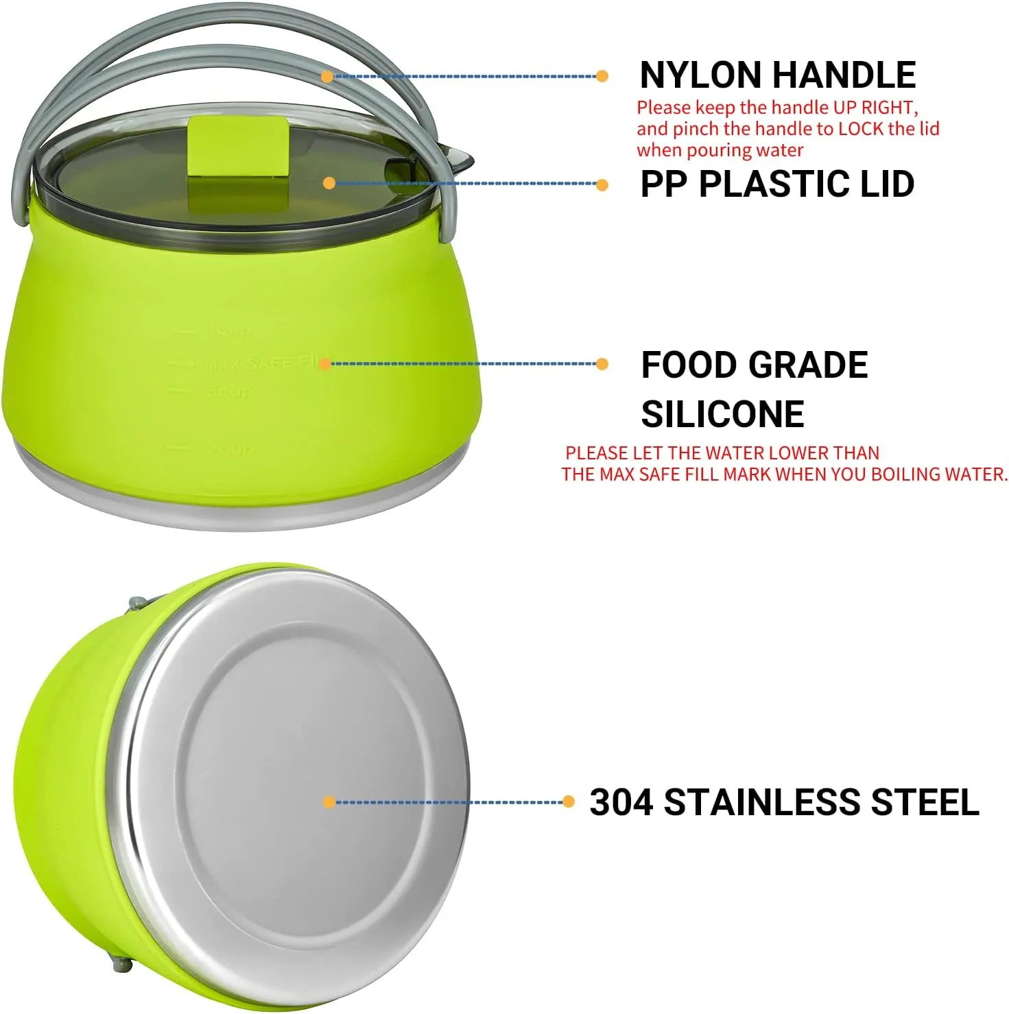 EEZEE 1L Collapsible Camping Kettle Portable Travel Kettle Folding Silicone Camping Cook Pot Foldable Compact Hiking Water Boiler with Lid BPA-Free Backpacking Pot