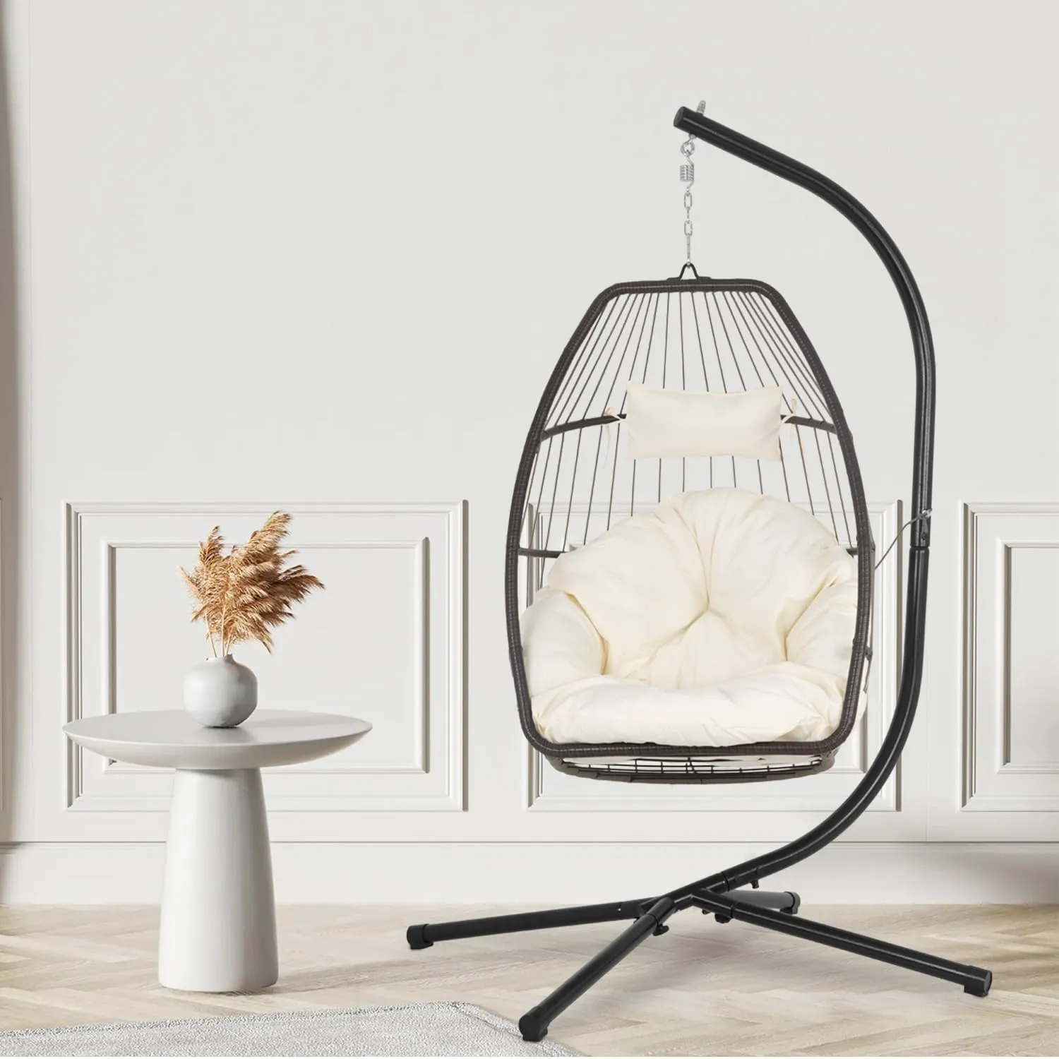 Egg Hanging Chair with Stand Hammock Chair Wicker Basket Chair Hanging Patio Swing UV Resistant Cushion for Indoor Bedroom Outdoor Garden Backyard Balcony