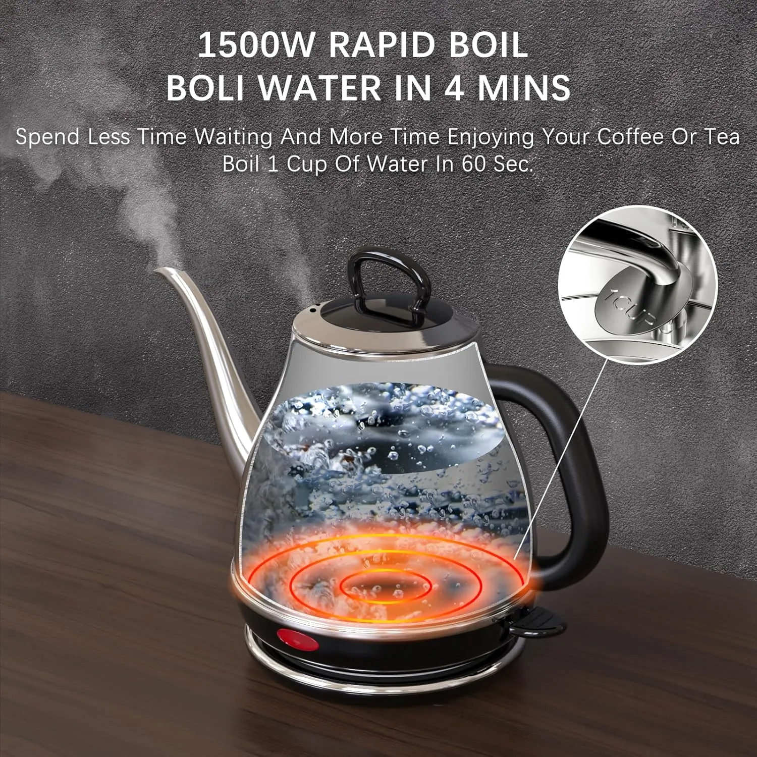 Electric Gooseneck Kettle, 1L 1500W Fast Boil, 100% Stainless Steel BPA Free Pour-Over Coffee & Tea Kettle, Water Boiler with Auto Shut & Boil-Dry Protection, Silver