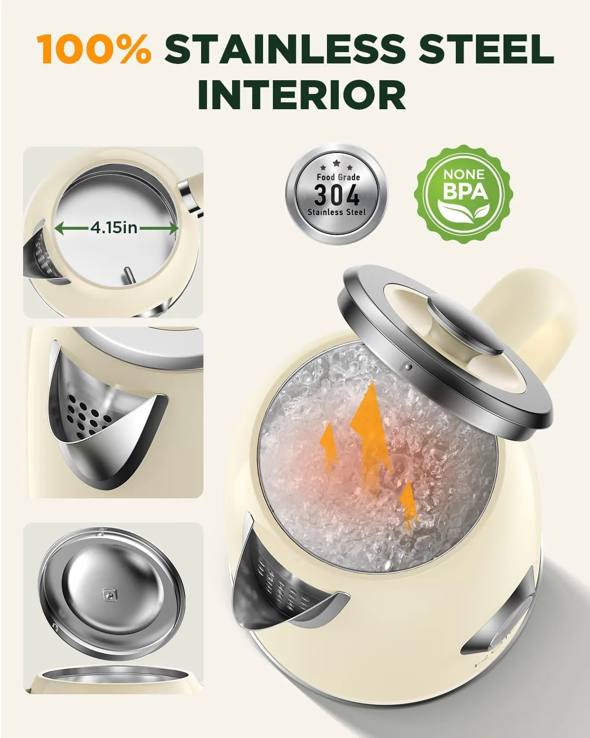 Electric Kettle 1.8L with Temperature Gauge, 1500W Fast Boiling Electric Tea Kettle, 100% Stainless Steel Retro-Style Hot Water Kettle Electric - Glowing LED Light, Auto Shut-Off & Boil-Dry Protection