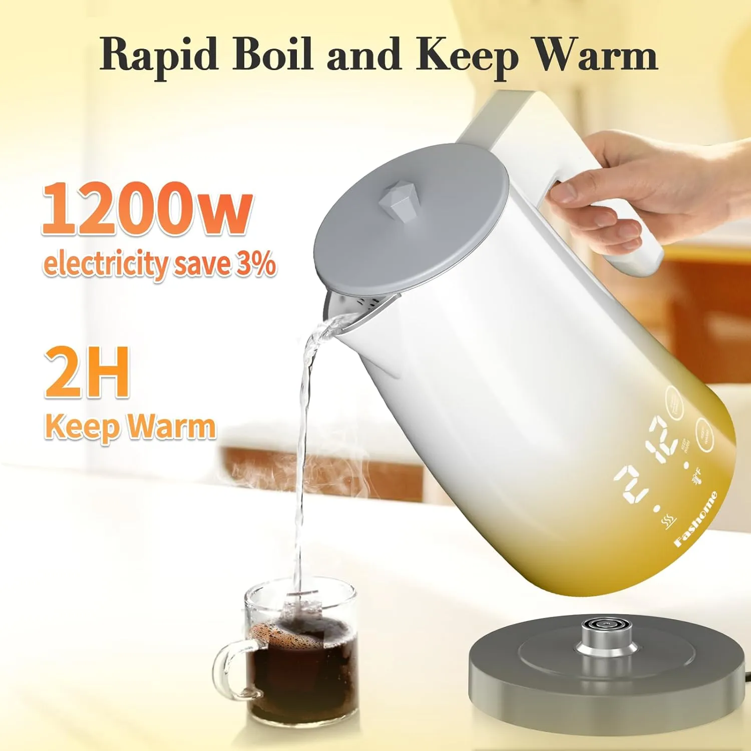 Electric Kettle Temperature Control, 304 Stainless Steel Interior, BPA-Free, Double Wall 1.25L Hot Water Boiler, 1200W Tea Kettle with Auto Shut-Off & Boil Dry Protection, Cordless Base（KCK03A）