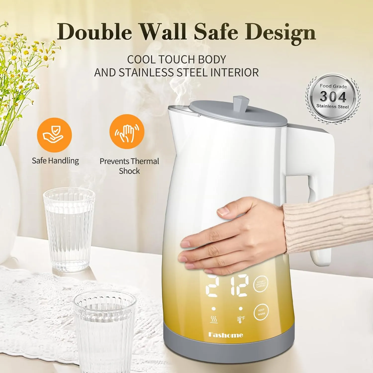 Electric Kettle Temperature Control, 304 Stainless Steel Interior, BPA-Free, Double Wall 1.25L Hot Water Boiler, 1200W Tea Kettle with Auto Shut-Off & Boil Dry Protection, Cordless Base（KCK03A）