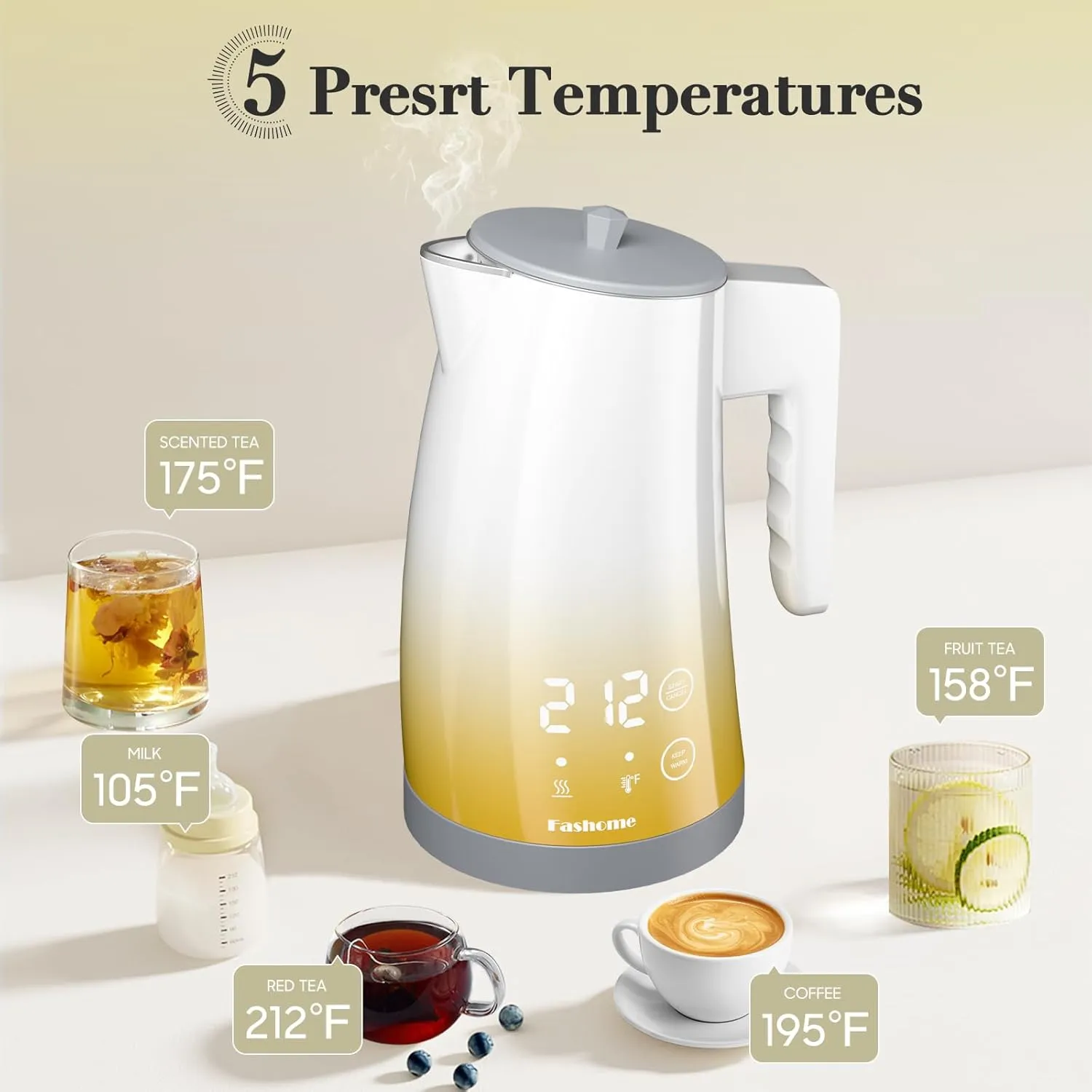 Electric Kettle Temperature Control, 304 Stainless Steel Interior, BPA-Free, Double Wall 1.25L Hot Water Boiler, 1200W Tea Kettle with Auto Shut-Off & Boil Dry Protection, Cordless Base（KCK03A）