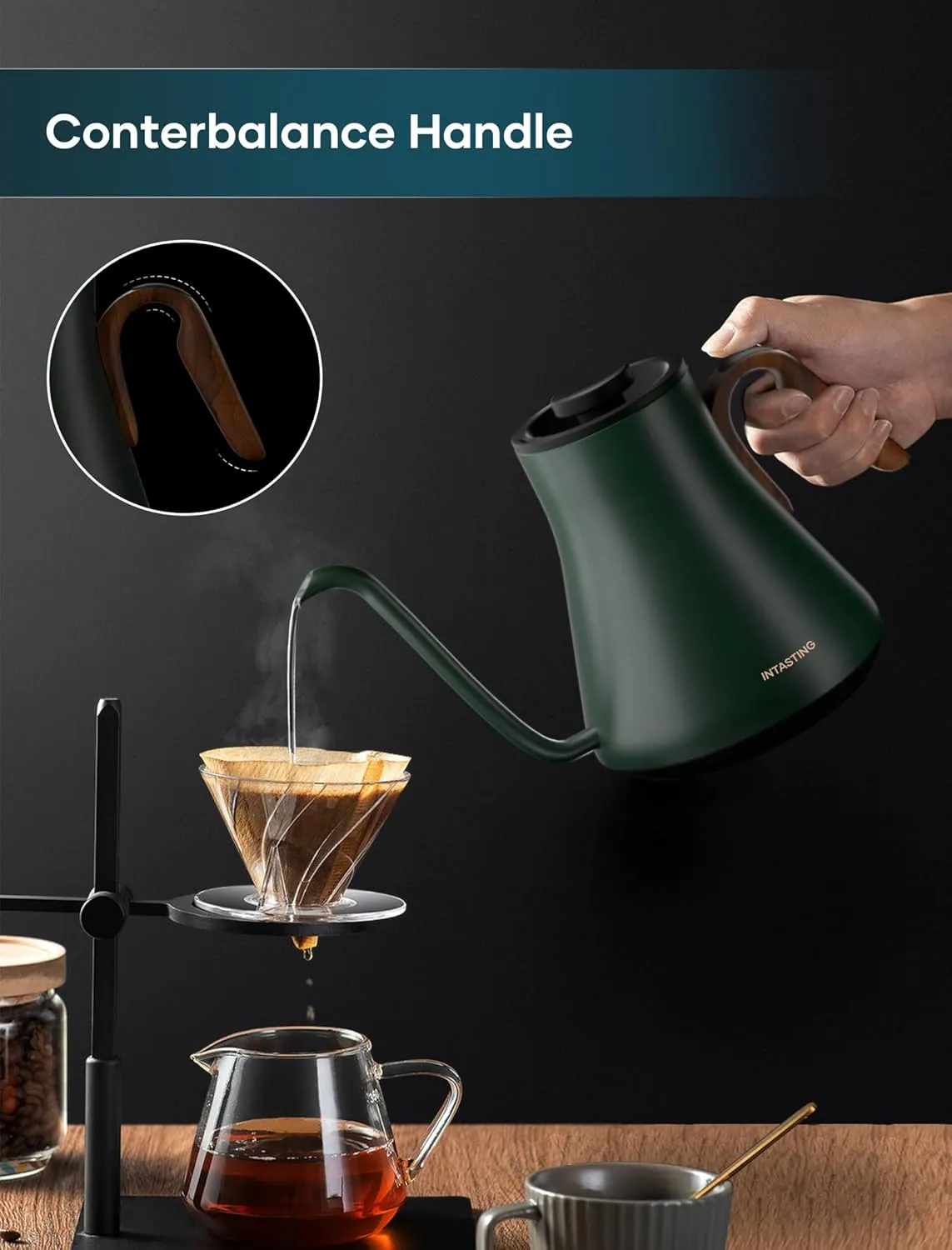 Electric Kettles, INTASTING Gooseneck Electric Kettle, ±1℉ Temperature Control, Stainless Steel Inner, Quick Heating, for Pour Over Coffee, Brew Tea, Boil Hot Water, 0.9L (Forest Green)