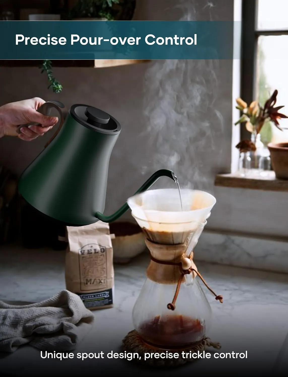 Electric Kettles, INTASTING Gooseneck Electric Kettle, ±1℉ Temperature Control, Stainless Steel Inner, Quick Heating, for Pour Over Coffee, Brew Tea, Boil Hot Water, 0.9L (Forest Green)
