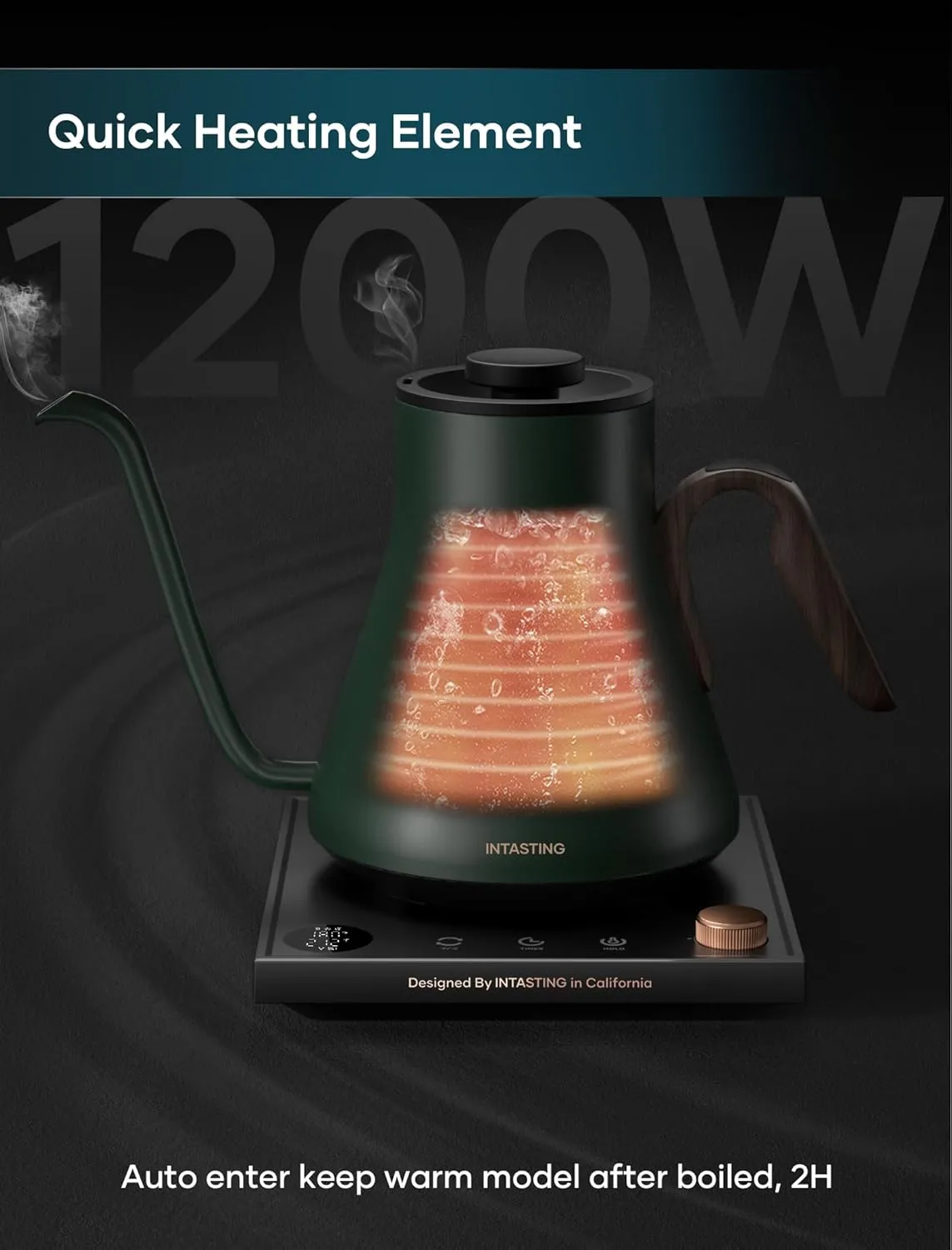 Electric Kettles, INTASTING Gooseneck Electric Kettle, ±1℉ Temperature Control, Stainless Steel Inner, Quick Heating, for Pour Over Coffee, Brew Tea, Boil Hot Water, 0.9L (Forest Green)