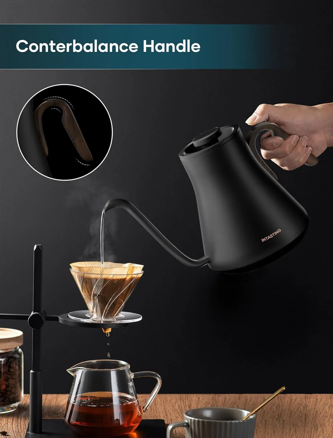 Electric Kettles, INTASTING Gooseneck Electric Kettle, ±1℉ Temperature Control, Stainless Steel Inner, Quick Heating, for Pour Over Coffee, Brew Tea, Boil Hot Water, 0.9L (Glossy Black)