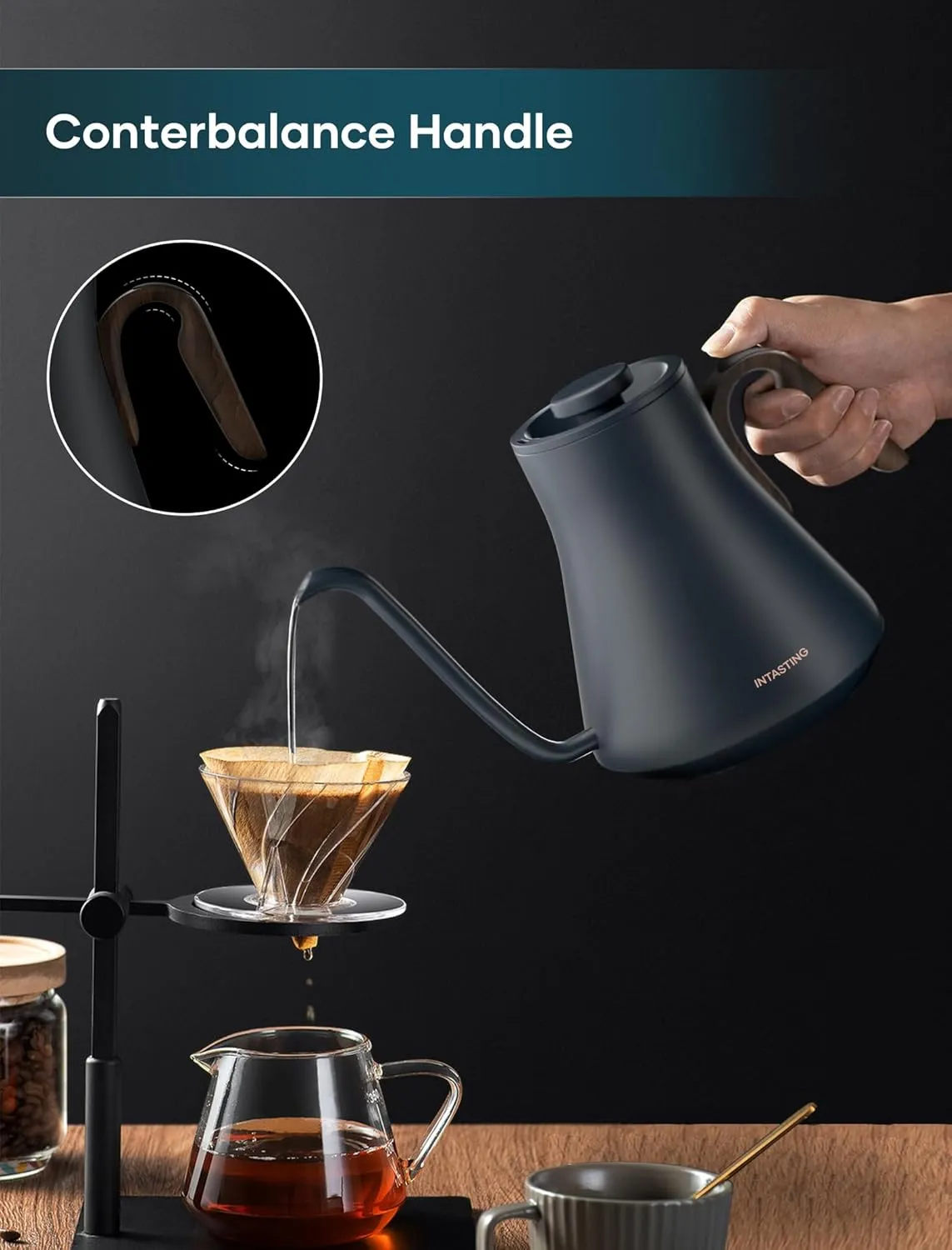 Electric Kettles, INTASTING Gooseneck Electric Kettle, ±1℉ Temperature Control, Stainless Steel Inner, Quick Heating, for Pour Over Coffee, Brew Tea, Boil Hot Water, 0.9L (Navy Blue)