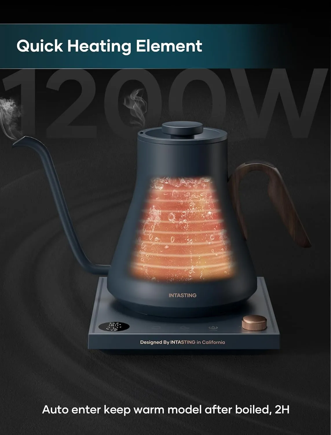 Electric Kettles, INTASTING Gooseneck Electric Kettle, ±1℉ Temperature Control, Stainless Steel Inner, Quick Heating, for Pour Over Coffee, Brew Tea, Boil Hot Water, 0.9L (Navy Blue)