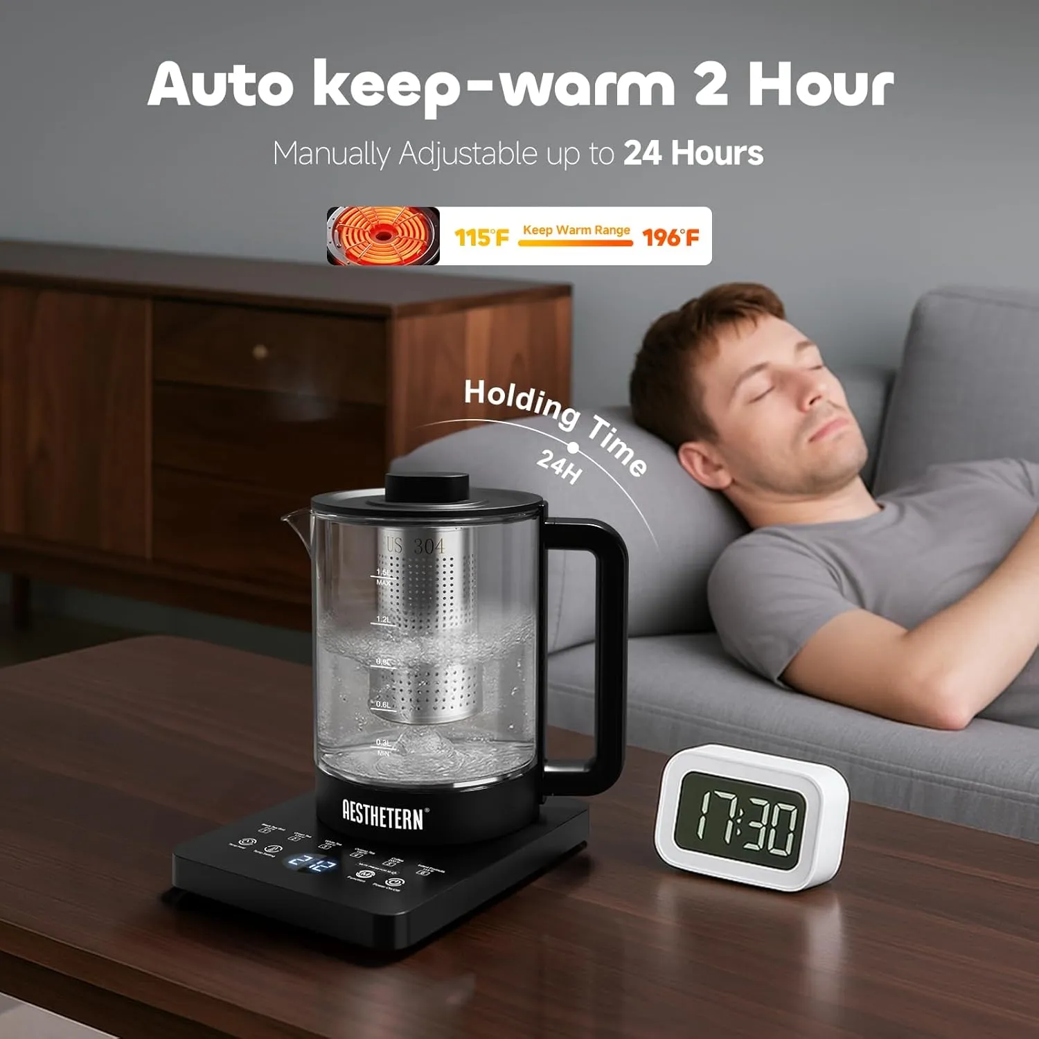 Electric Tea Kettle with Infuser Temperature Control and Automatic Shut Off 24 H Keep Warm for Coffee Water Heater and Tea Pot Glass Black 1.5L