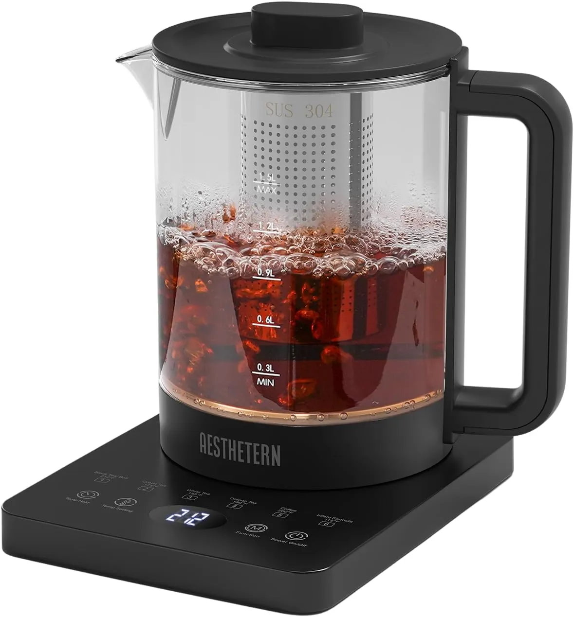 Electric Tea Kettle with Infuser Temperature Control and Automatic Shut Off 24 H Keep Warm for Coffee Water Heater and Tea Pot Glass Black 1.5L