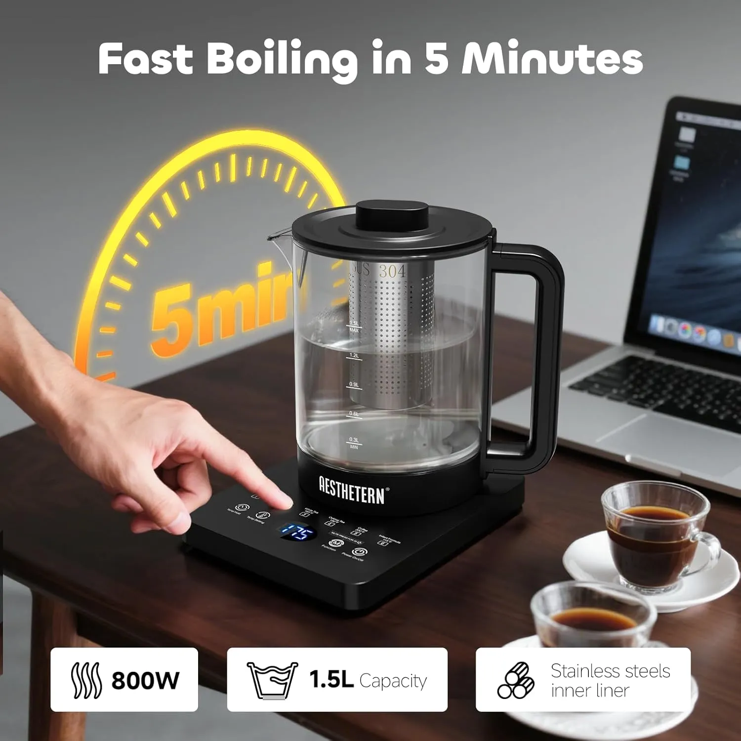 Electric Tea Kettle with Infuser Temperature Control and Automatic Shut Off 24 H Keep Warm for Coffee Water Heater and Tea Pot Glass Black 1.5L