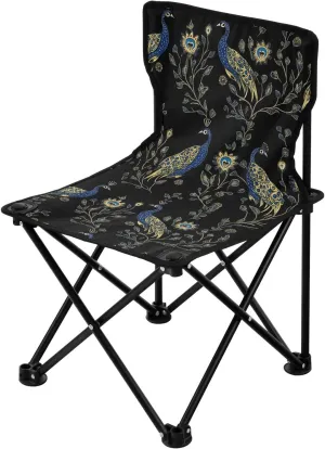 Elegant Peacocks Floral Motifs Black Collapsible Camp Chair Ultra Lightweight Hiking Chair Includes Carry Bag