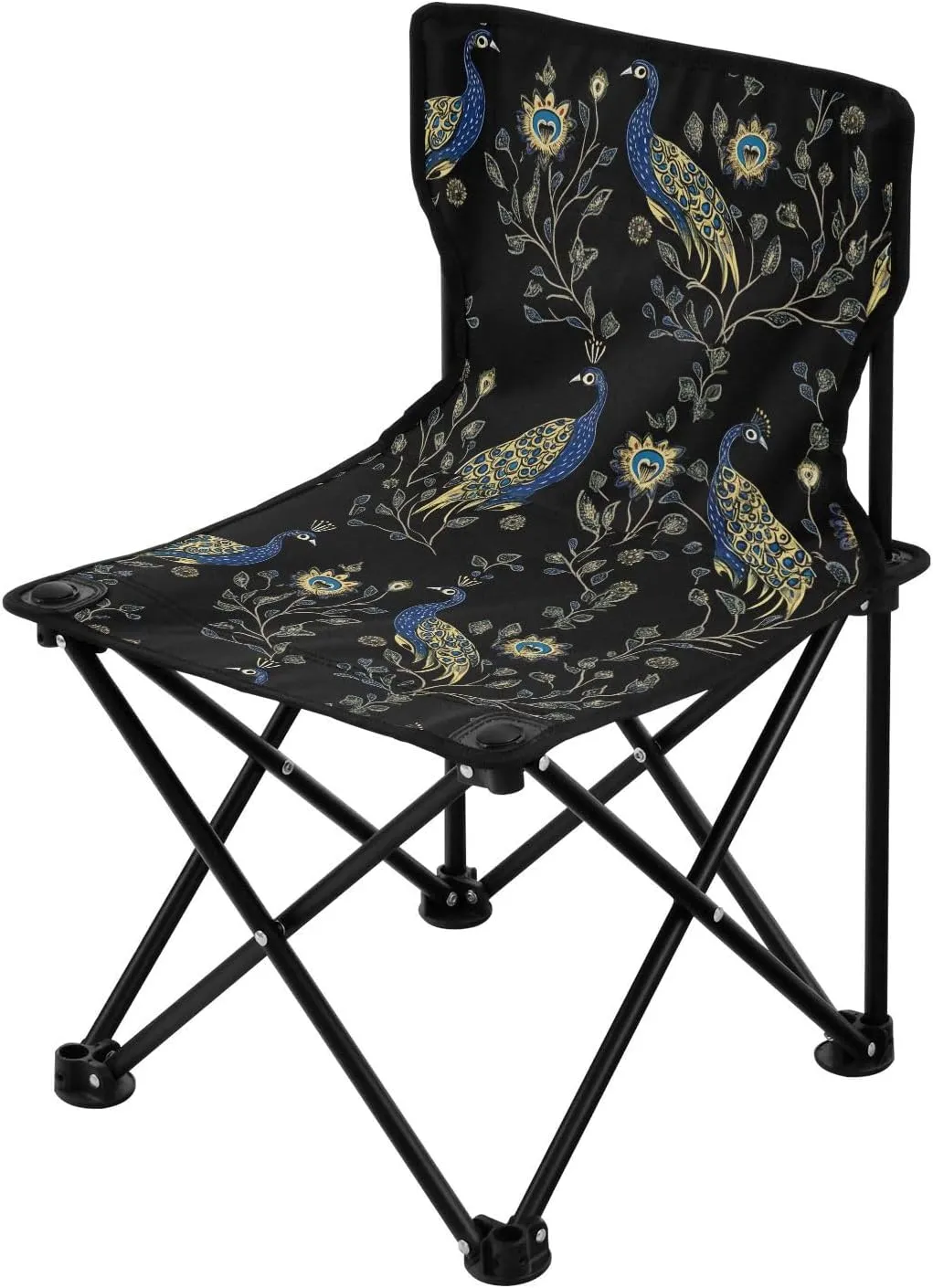 Elegant Peacocks Floral Motifs Black Collapsible Camp Chair Ultra Lightweight Hiking Chair Includes Carry Bag