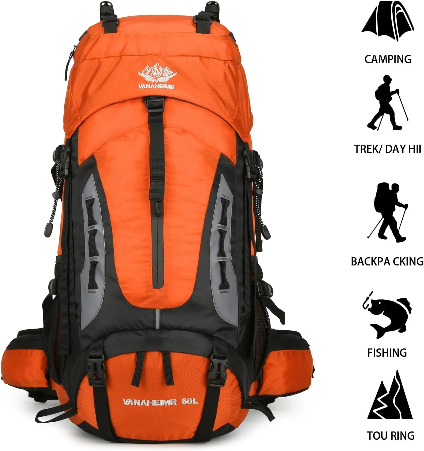 Esup 60L Hiking Backpack Men Camping Backpack with rain cover Lightweight Backpacking Backpack Travel Backpack (Orange)