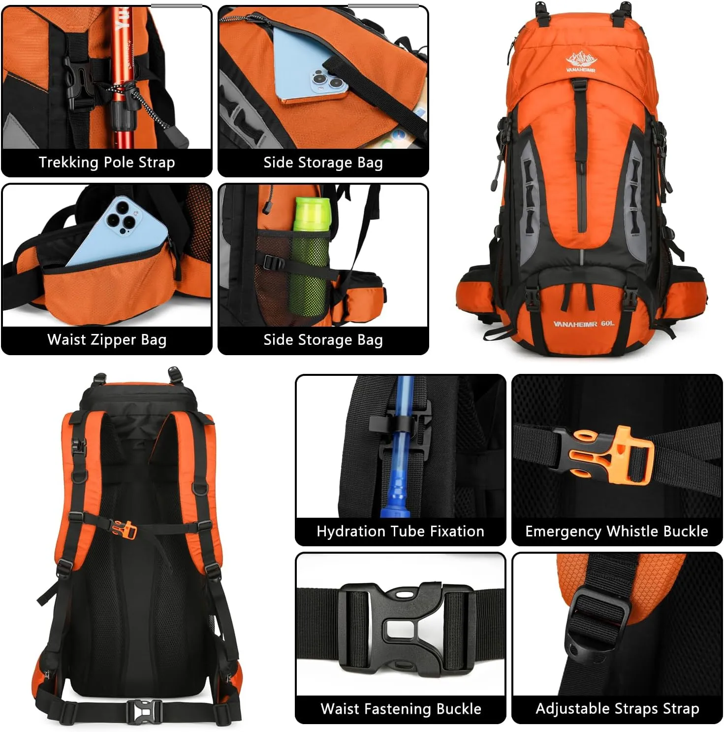 Esup 60L Hiking Backpack Men Camping Backpack with rain cover Lightweight Backpacking Backpack Travel Backpack (Orange)