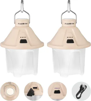 EverBrite 450LM Camping Lantern, USB C Rechargeable Camping Lantern with Magnetic Top&Hanging Hook, 5 Lighting Modes, for Christmas Decorations, Camping, Barbecue, Hiking and Reading, Pack of 2