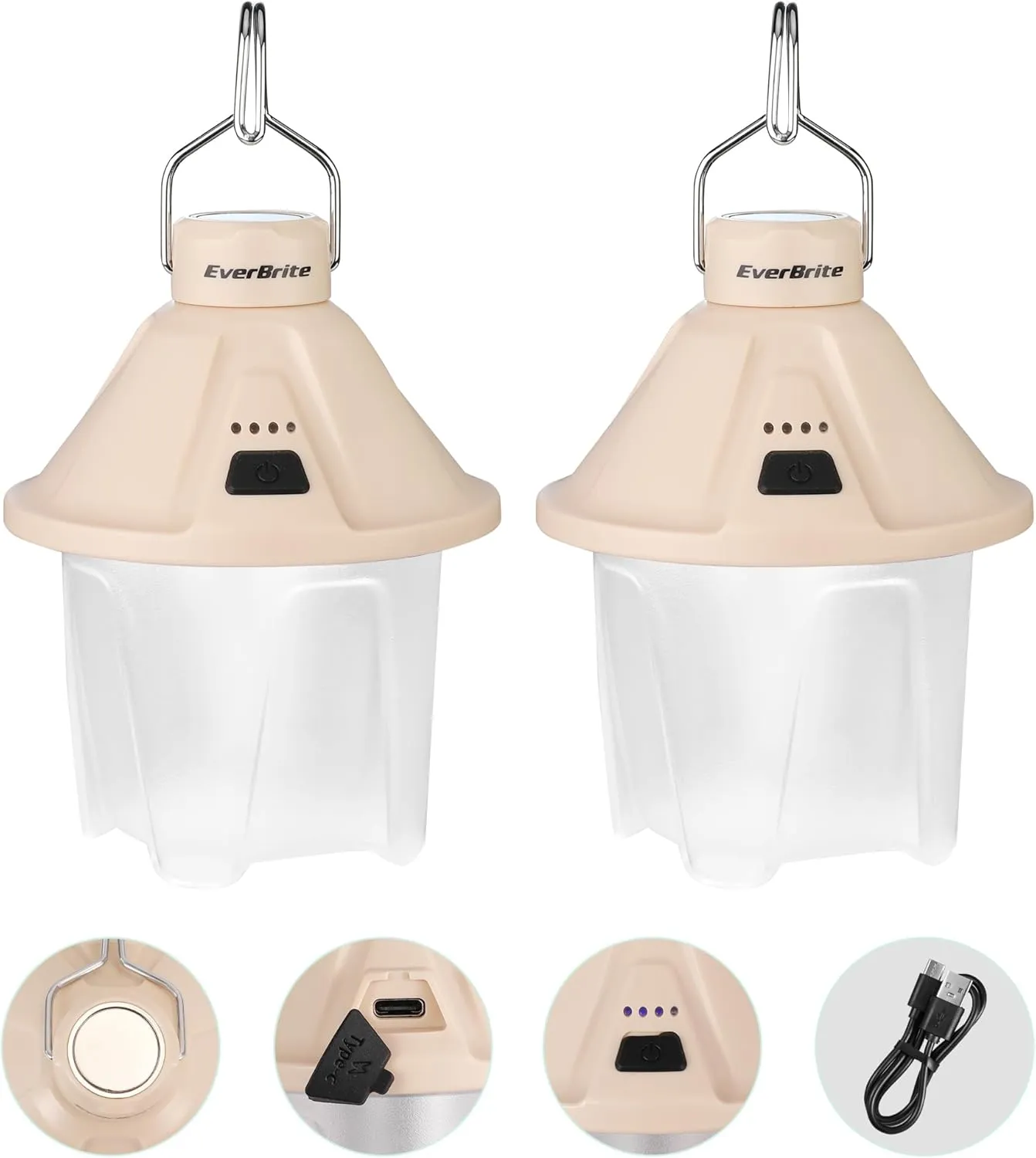 EverBrite 450LM Camping Lantern, USB C Rechargeable Camping Lantern with Magnetic Top&Hanging Hook, 5 Lighting Modes, for Christmas Decorations, Camping, Barbecue, Hiking and Reading, Pack of 2
