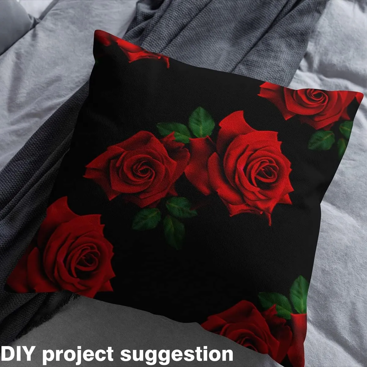 Feelyou 3D Rose Fabric by The Yard - Floral Print Upholstery for Chairs, Outdoor and Garden Use - Romantic Botanical Reupholstery Material, 3 Yards, Red Black