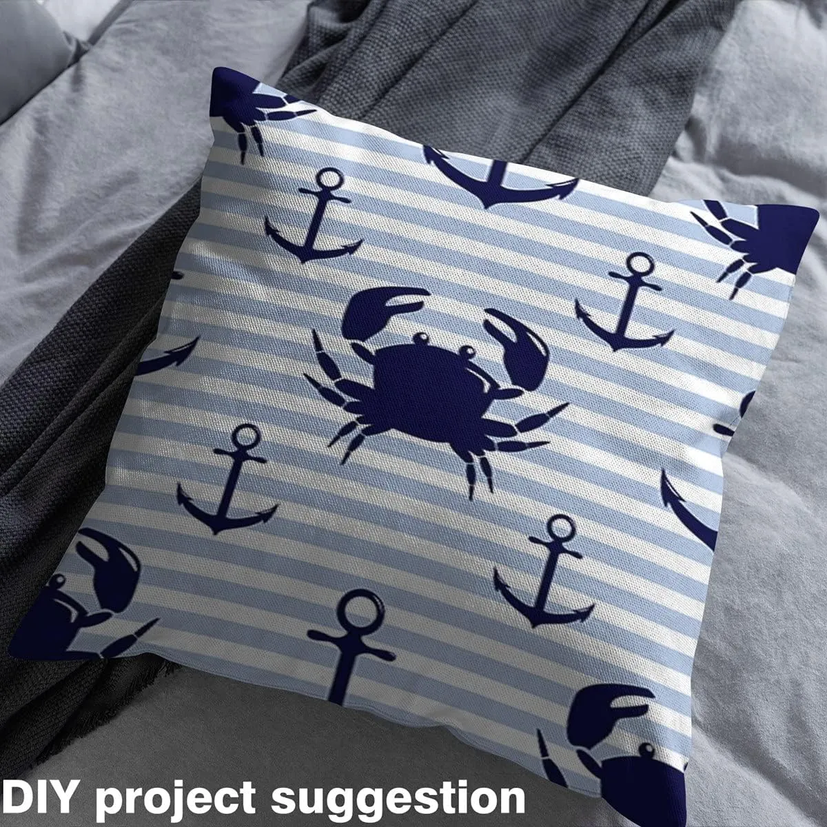 Feelyou Anchor Decor Fabric by The Yard, Nautical Ocean Navigation Theme Upholstery Fabric for Home DIY Projects, Stripes Crab Pattern Decorative Waterproof Outdoor Fabric, 5 Yards, Navy Blue