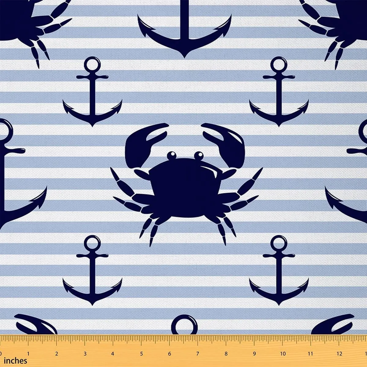 Feelyou Anchor Decor Fabric by The Yard, Nautical Ocean Navigation Theme Upholstery Fabric for Home DIY Projects, Stripes Crab Pattern Decorative Waterproof Outdoor Fabric, 5 Yards, Navy Blue