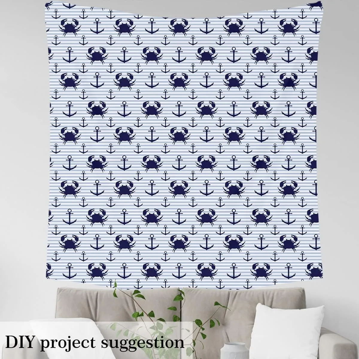 Feelyou Anchor Decor Fabric by The Yard, Nautical Ocean Navigation Theme Upholstery Fabric for Home DIY Projects, Stripes Crab Pattern Decorative Waterproof Outdoor Fabric, 5 Yards, Navy Blue