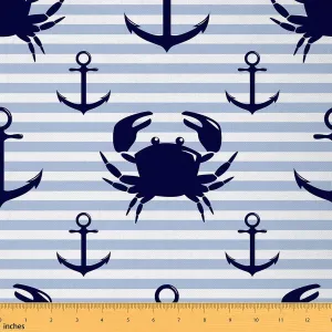 Feelyou Anchor Decor Fabric by The Yard, Nautical Ocean Navigation Theme Upholstery Fabric for Home DIY Projects, Stripes Crab Pattern Decorative Waterproof Outdoor Fabric, 5 Yards, Navy Blue