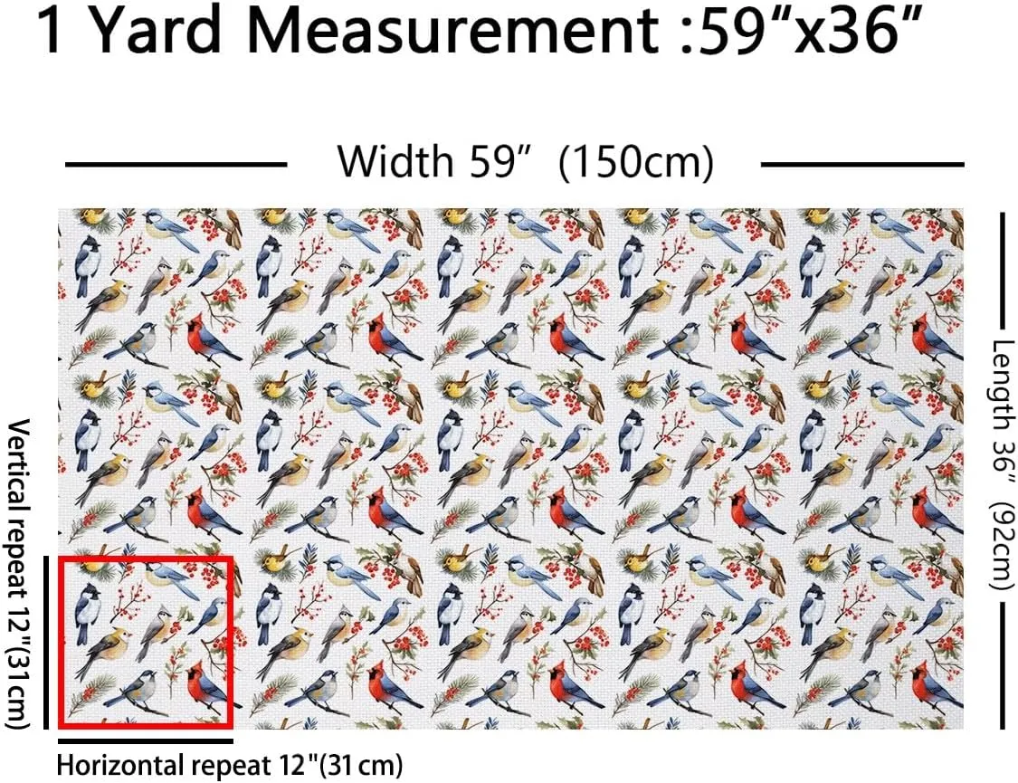 Feelyou Berries and Cardinals Pattern Waterproof Outdoor Fabric 5 Yard Merry Christmas Fabric by The Yard Kids Ultra Soft Christmas Decorations Upholstery Fabric for Chairs Reupholstery Fabric Decor
