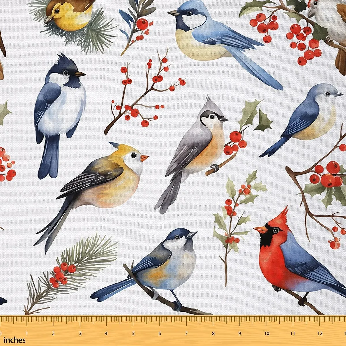 Feelyou Berries and Cardinals Pattern Waterproof Outdoor Fabric 5 Yard Merry Christmas Fabric by The Yard Kids Ultra Soft Christmas Decorations Upholstery Fabric for Chairs Reupholstery Fabric Decor