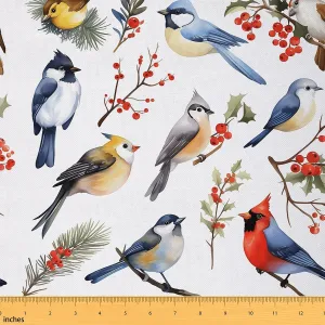 Feelyou Berries and Cardinals Pattern Waterproof Outdoor Fabric 5 Yard Merry Christmas Fabric by The Yard Kids Ultra Soft Christmas Decorations Upholstery Fabric for Chairs Reupholstery Fabric Decor