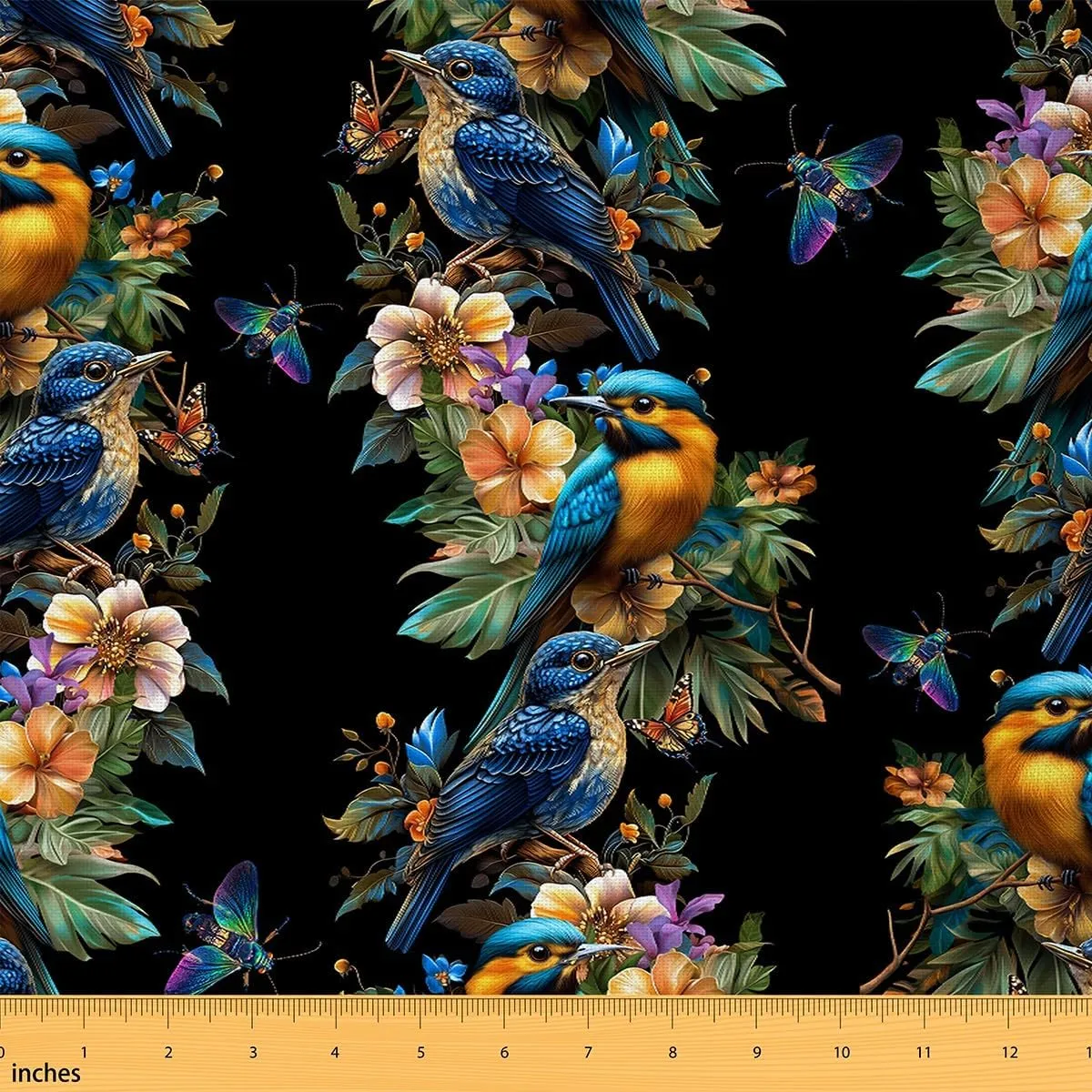 Feelyou Birds Upholstery Fabric by The Yard, Cute Birds Leaf Branches Reupholstery Fabric for Chairs, Black Nature Botanical Animal Floral Decorative Waterproof Outdoor Fabric, 1 Yard