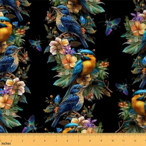Feelyou Birds Upholstery Fabric by The Yard, Cute Birds Leaf Branches Reupholstery Fabric for Chairs, Black Nature Botanical Animal Floral Decorative Waterproof Outdoor Fabric, 1 Yard
