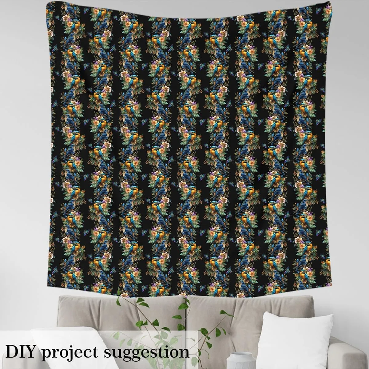 Feelyou Birds Upholstery Fabric by The Yard, Cute Birds Leaf Branches Reupholstery Fabric for Chairs, Black Nature Botanical Animal Floral Decorative Waterproof Outdoor Fabric, 1 Yard