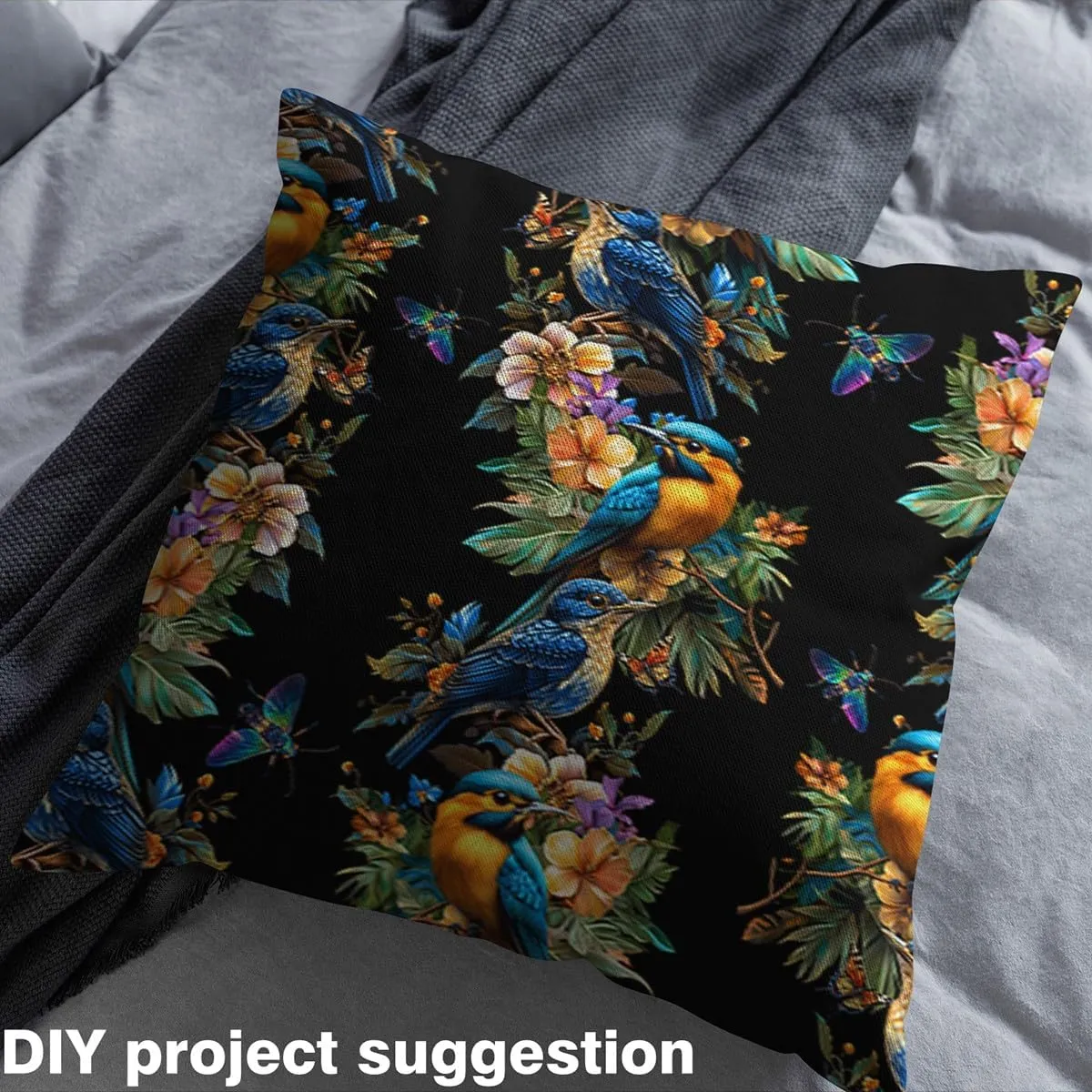 Feelyou Birds Upholstery Fabric by The Yard, Cute Birds Leaf Branches Reupholstery Fabric for Chairs, Black Nature Botanical Animal Floral Decorative Waterproof Outdoor Fabric, 1 Yard