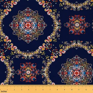 Feelyou Boho Mandala Upholstery Fabric, Vintage Bohemian Squares, Decorative Exotic Floral, Ethnic Flowers Reupholstery for Chairs, 1 Yard, Navy Blue Red
