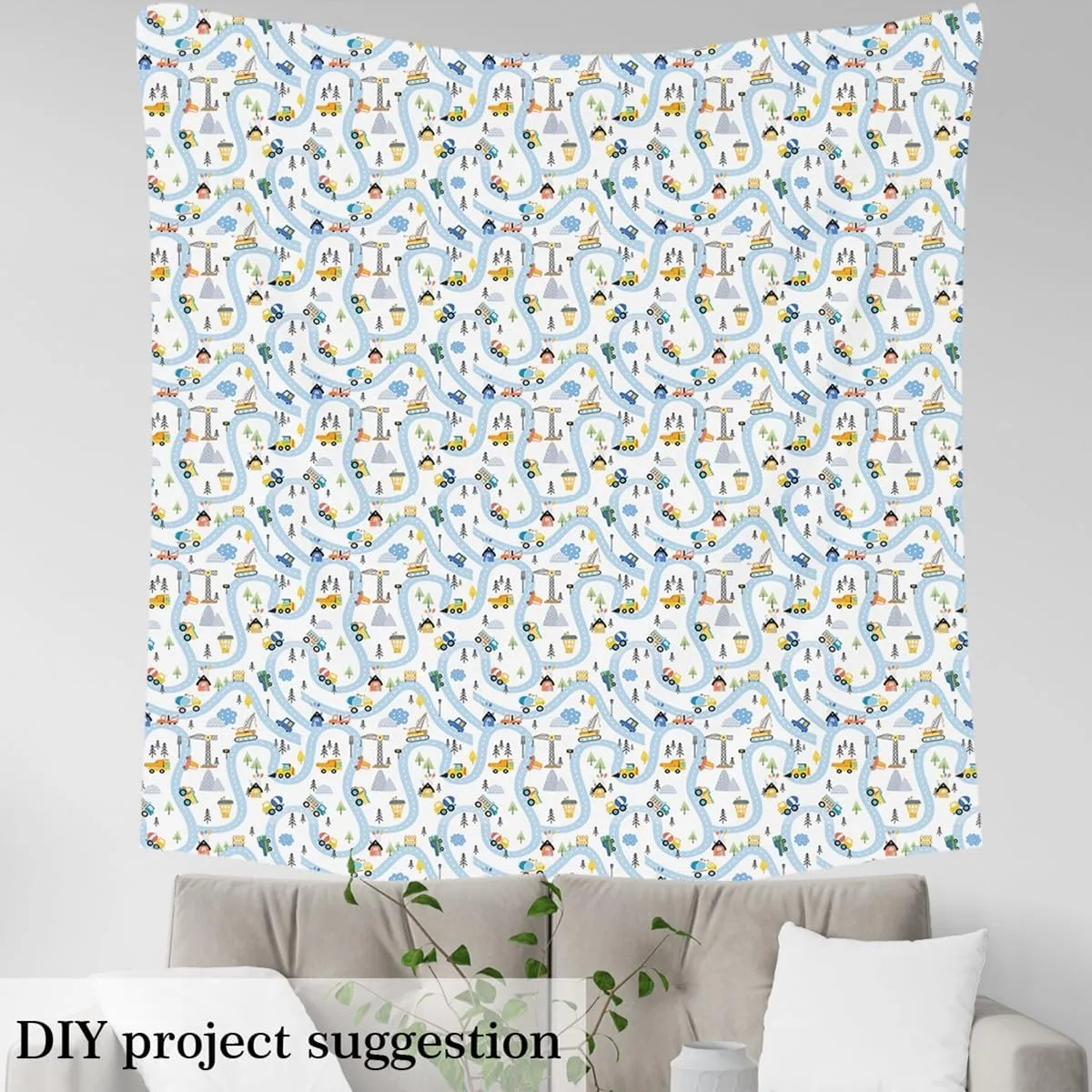 Feelyou Cartoon Car Fabric by The Yard Construction Car Upholstery Fabric for Chairs, Construction Site Road Blue Decorative Waterproof Outdoor Fabric, 1 Yard