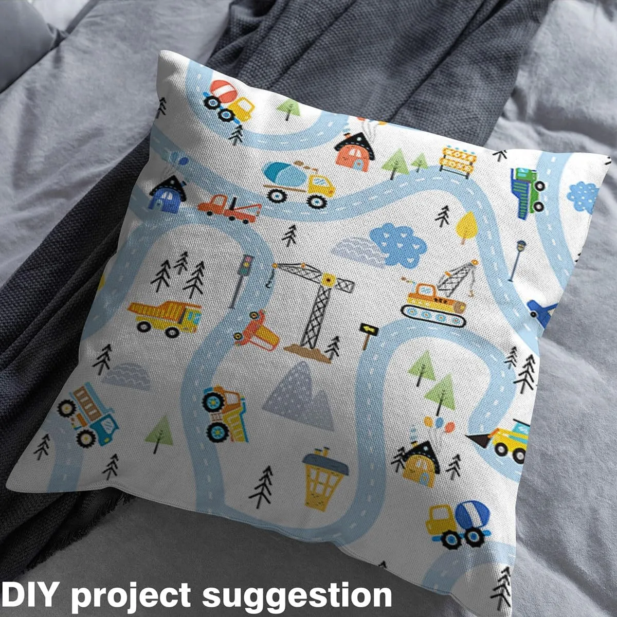 Feelyou Cartoon Car Fabric by The Yard Construction Car Upholstery Fabric for Chairs, Construction Site Road Blue Decorative Waterproof Outdoor Fabric, 1 Yard