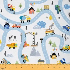 Feelyou Cartoon Car Fabric by The Yard Construction Car Upholstery Fabric for Chairs, Construction Site Road Blue Decorative Waterproof Outdoor Fabric, 1 Yard
